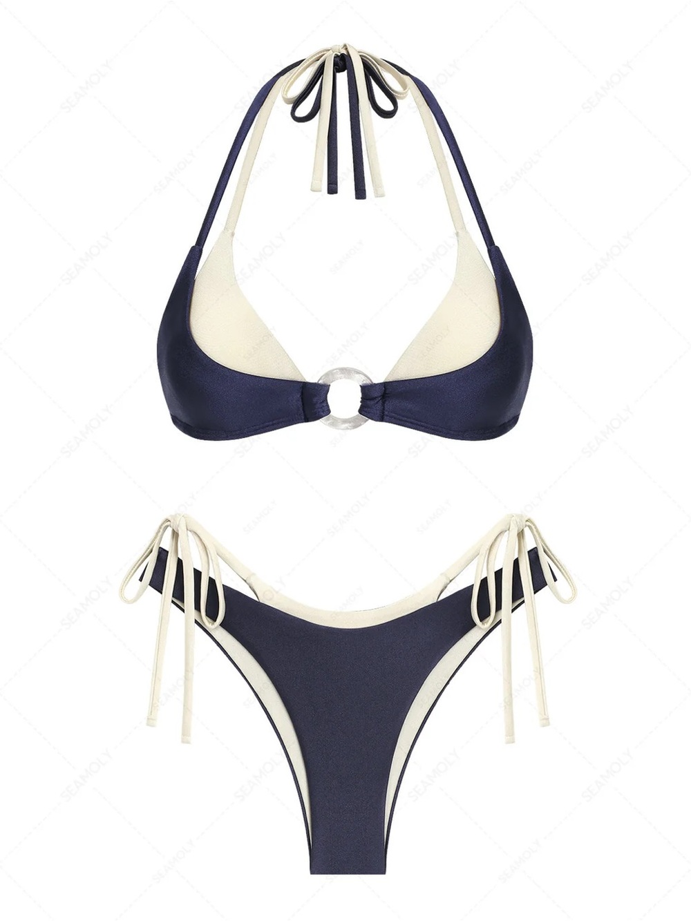 Seamolly Navy & Cream Halter Ring Bikini - Women Swim